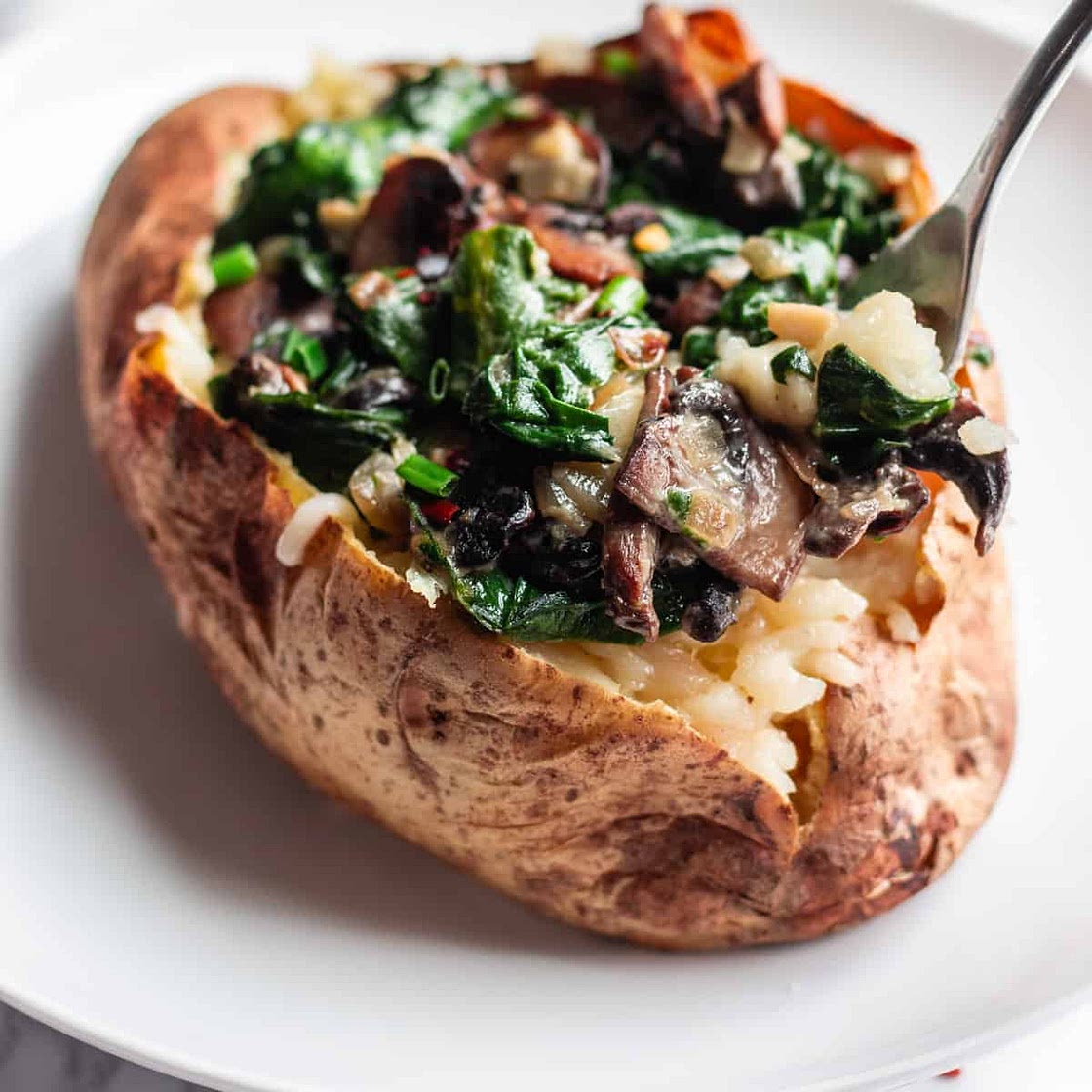 Healthy Vegan Baked Potato Loaded With Mushrooms And Cheese