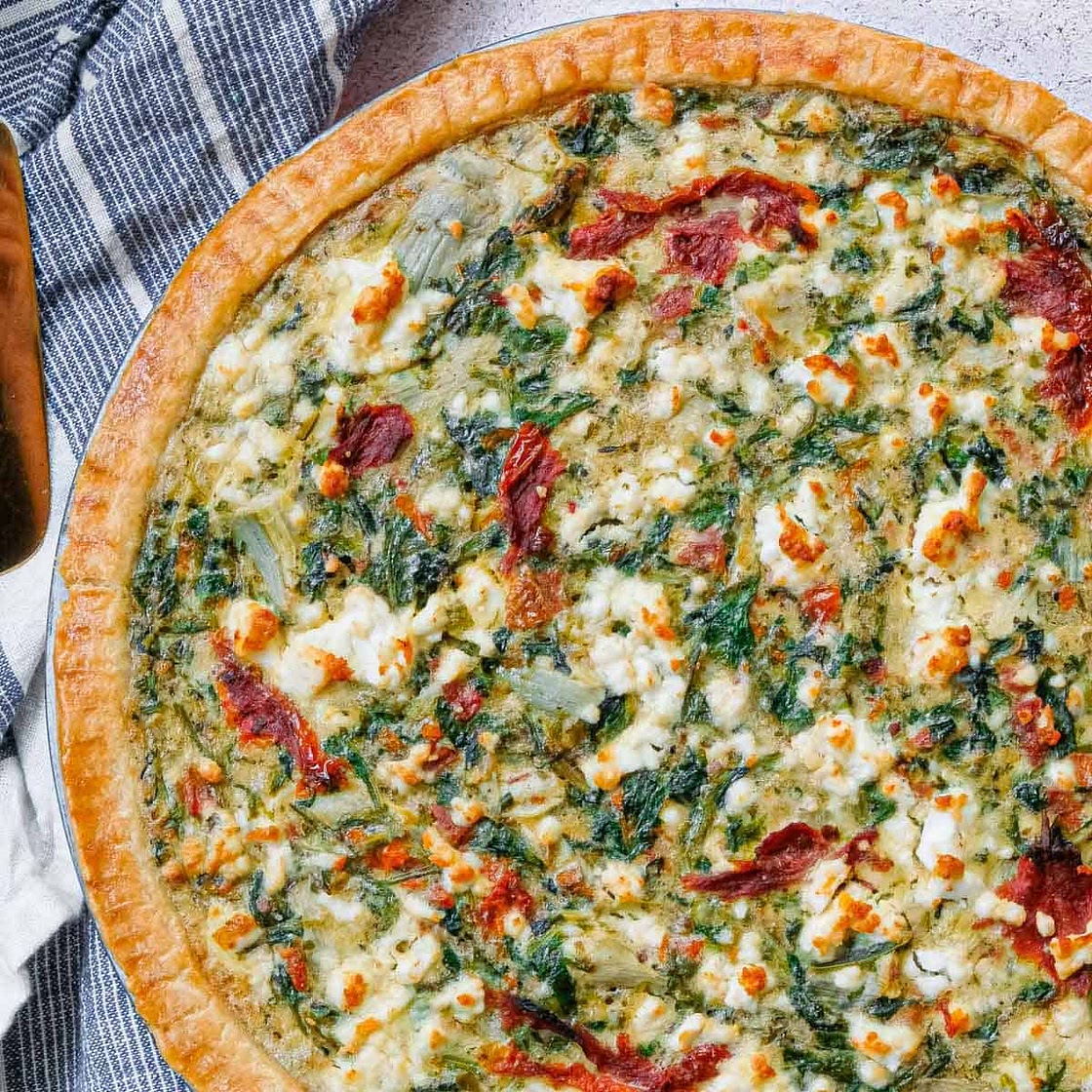 Spinach Artichoke Quiche with Feta and Sundried Tomato