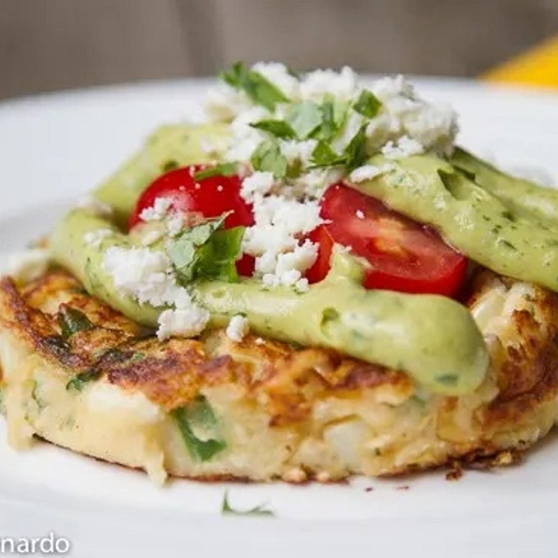 Mexican Mashed Potato Cakes with Avocado Sauce & Cotija Cheese