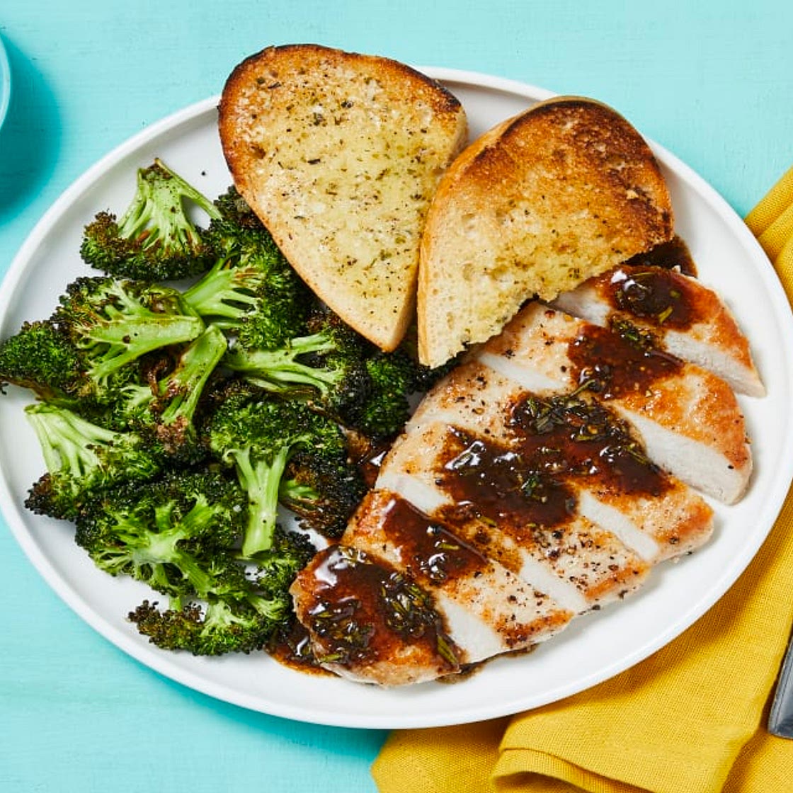 Balsamic Rosemary Pork Chops with Garlic Toast & Broccoli