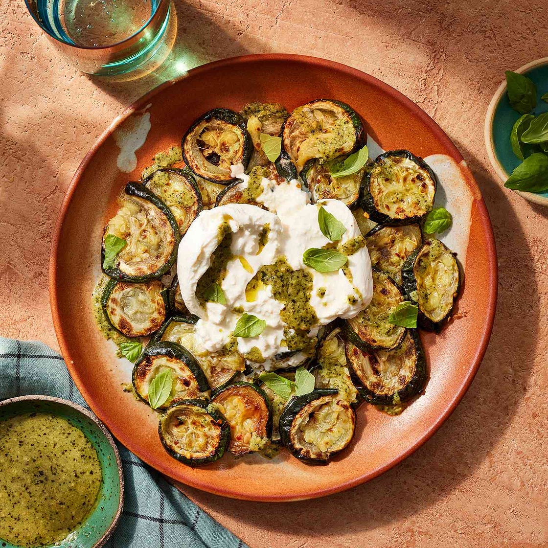 Smashed Zucchini with Pesto & Burrata