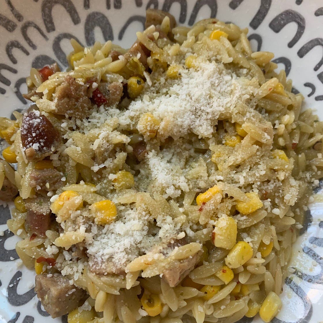 One Pan Pesto, Corn, and Chicken Sausage Orzo