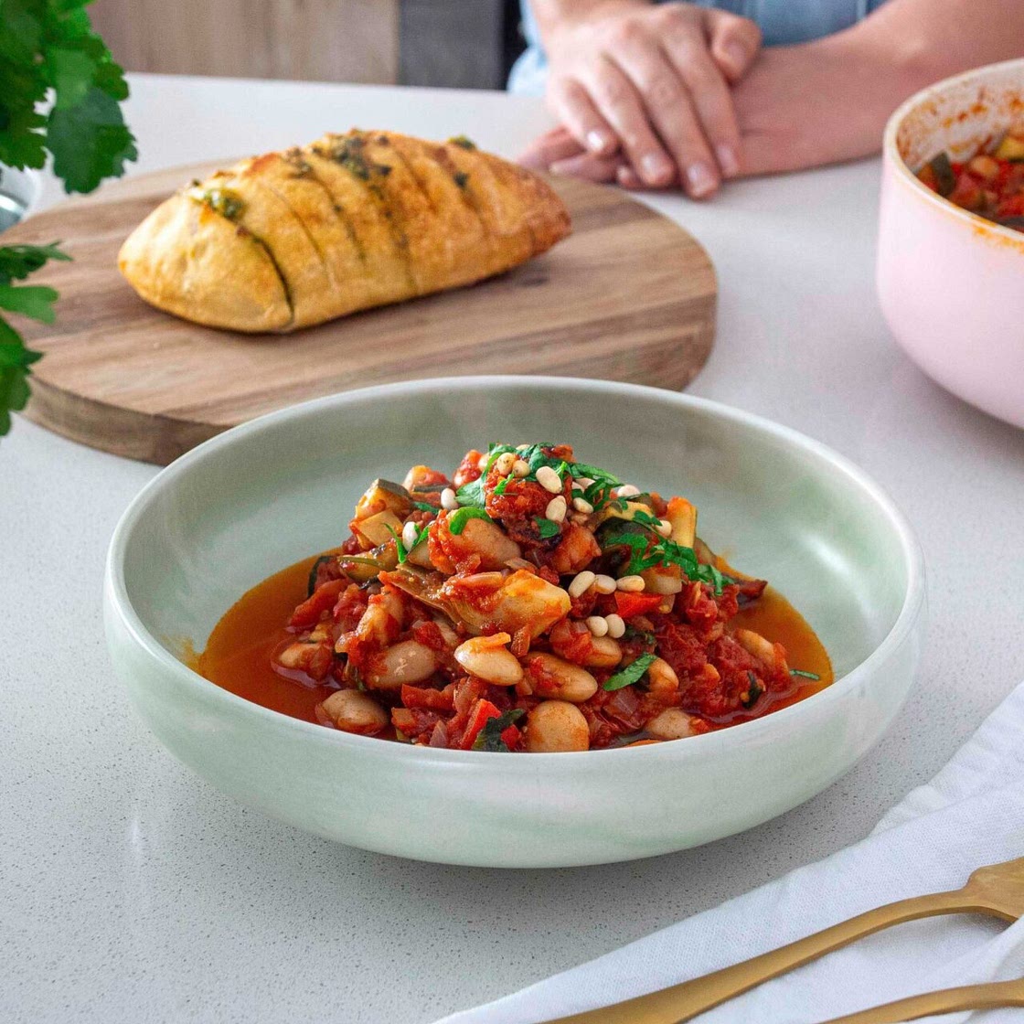 Puttanesca-Style Butter Beans & Roasted Garlic Bread