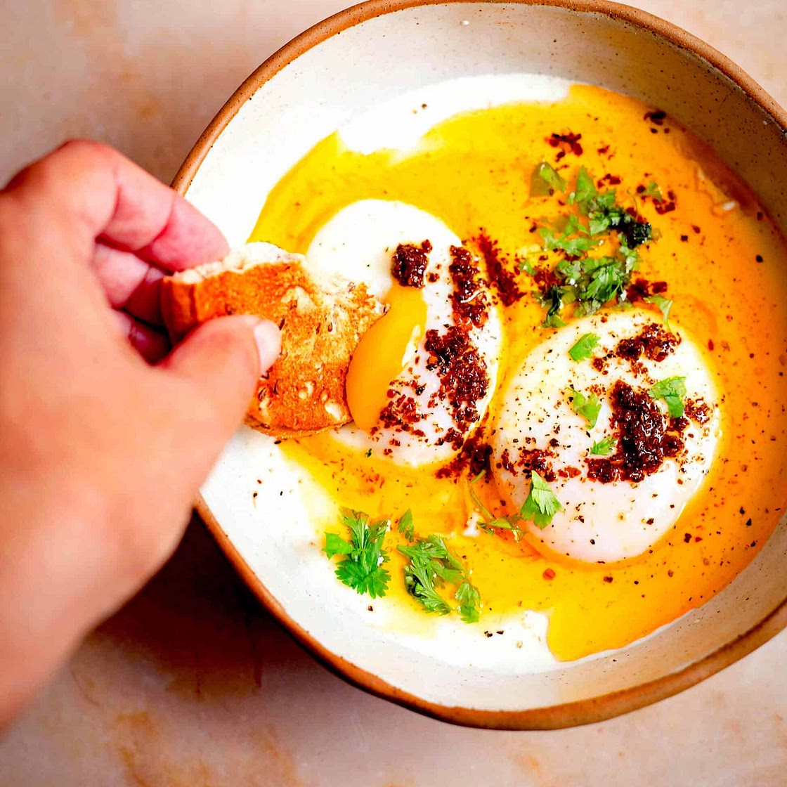 Turkish Eggs with Yoghurt and Chilli Butter - Cilbir -