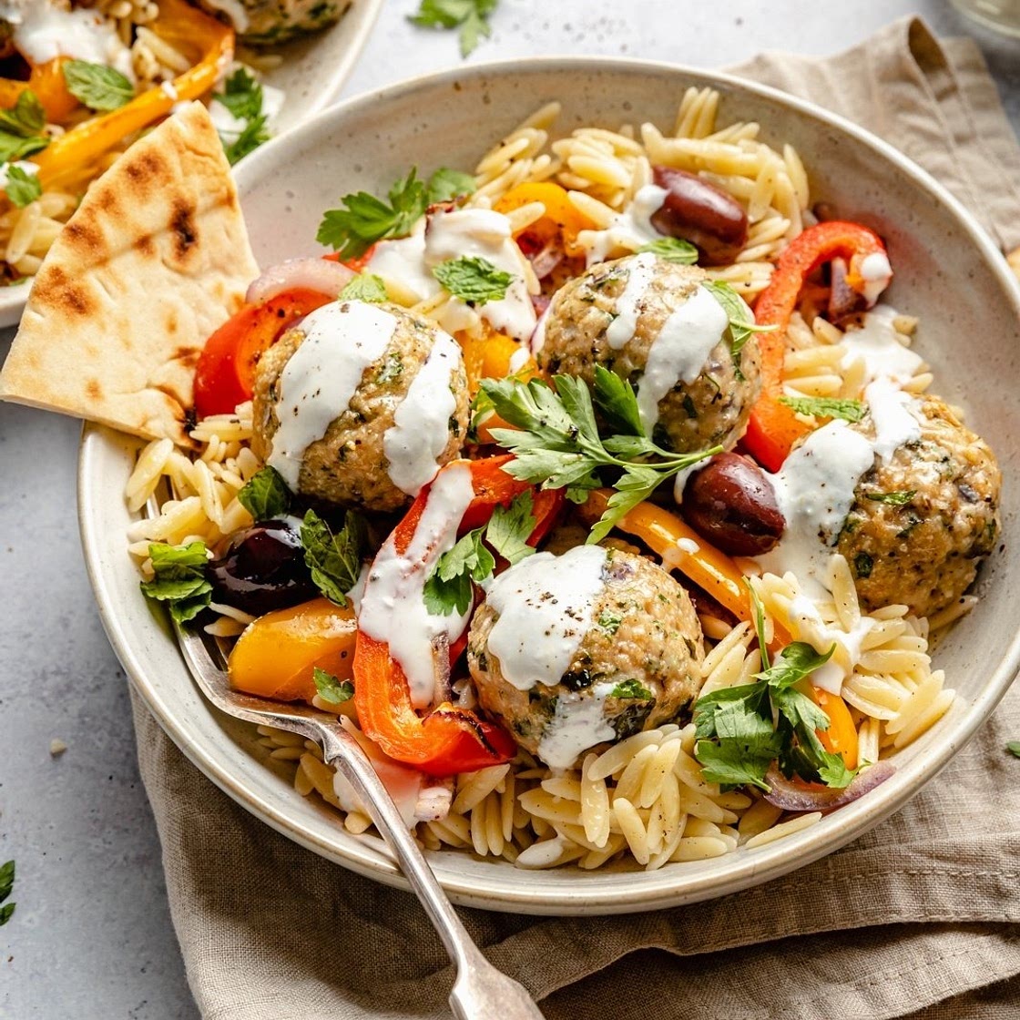 Greek Turkey Meatballs with Lemon Orzo & Creamy Feta Yogurt Sauce