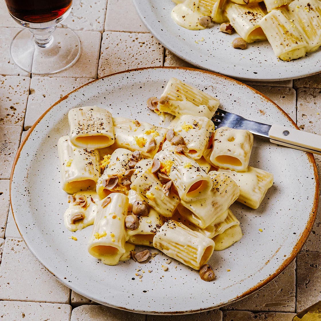 Creamy Lemon Mezzi Rigatoni with Toasted Hazelnuts & Espresso