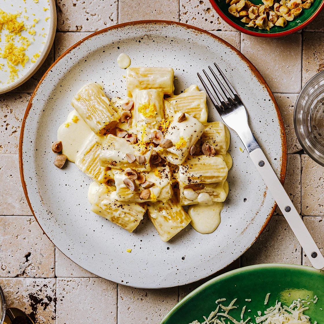 Creamy Lemon Mezzi Rigatoni with Toasted Hazelnuts & Espresso