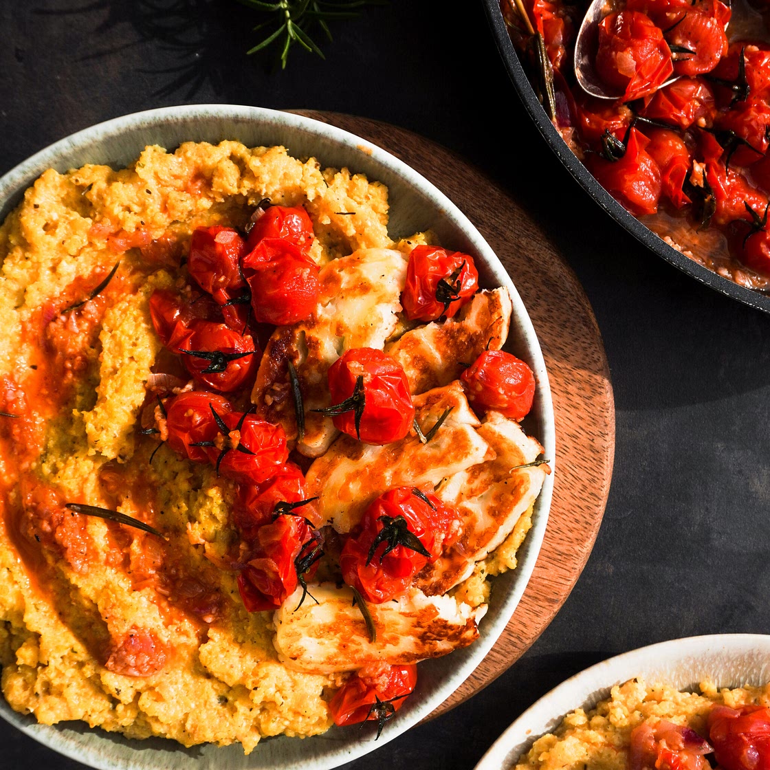 Polenta With Cherry Tomatoes & Fried Halloumi