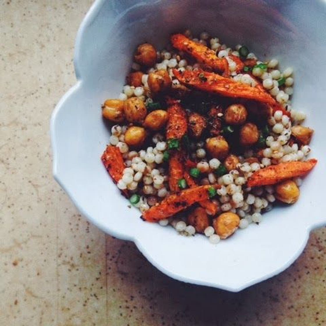 Israeli Couscous with Lemon Za'atar Roasted Chickpeas and Carrots