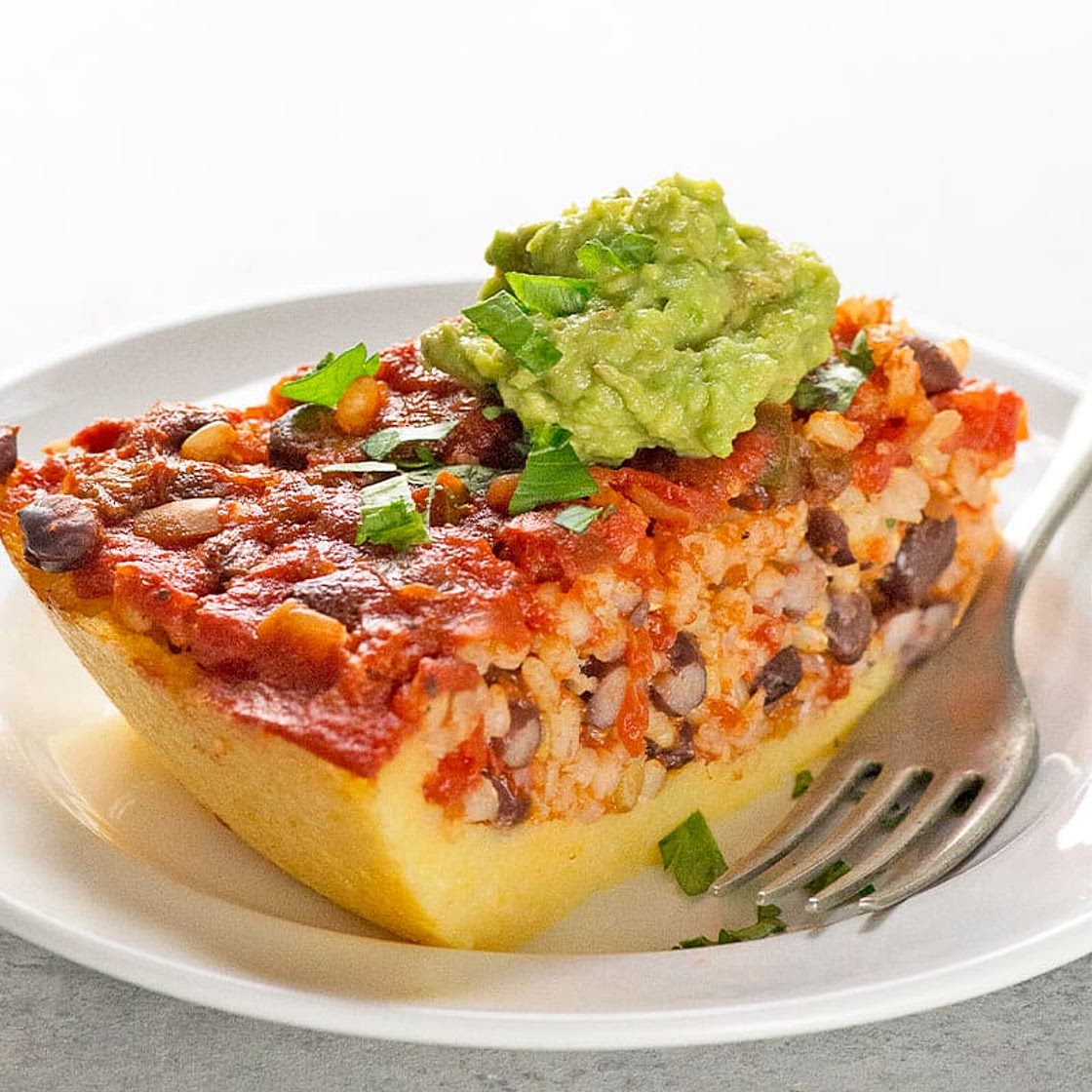Polenta Pie with Rice and Beans, Salsa, and Guacamole