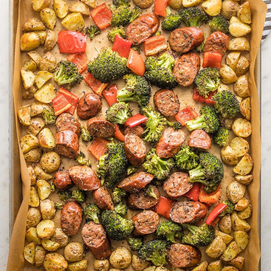 Sheet Pan Chicken Sausage with Broccoli, Peppers, and Potatoes