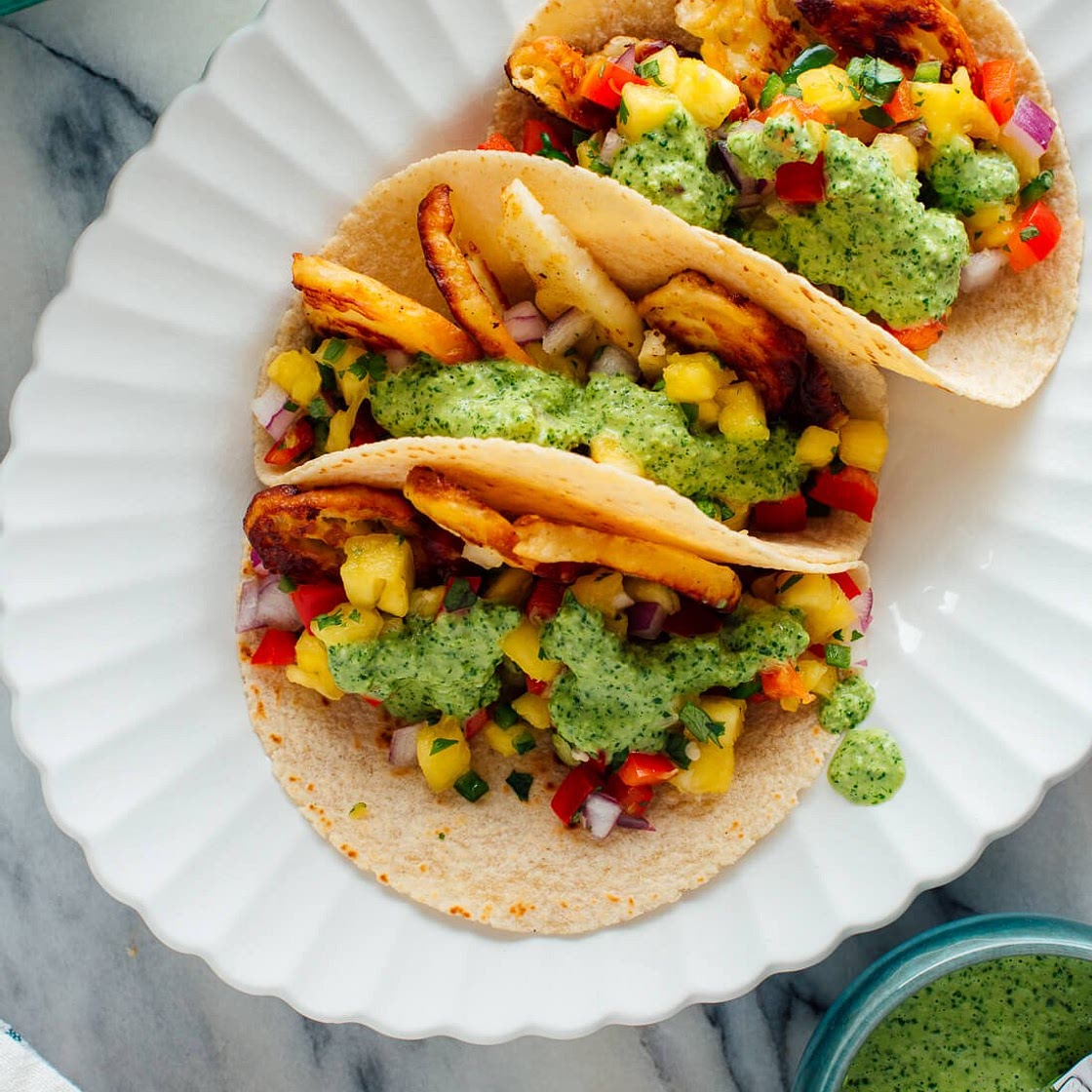 Halloumi Tacos with Pineapple Salsa & Aji Verde
