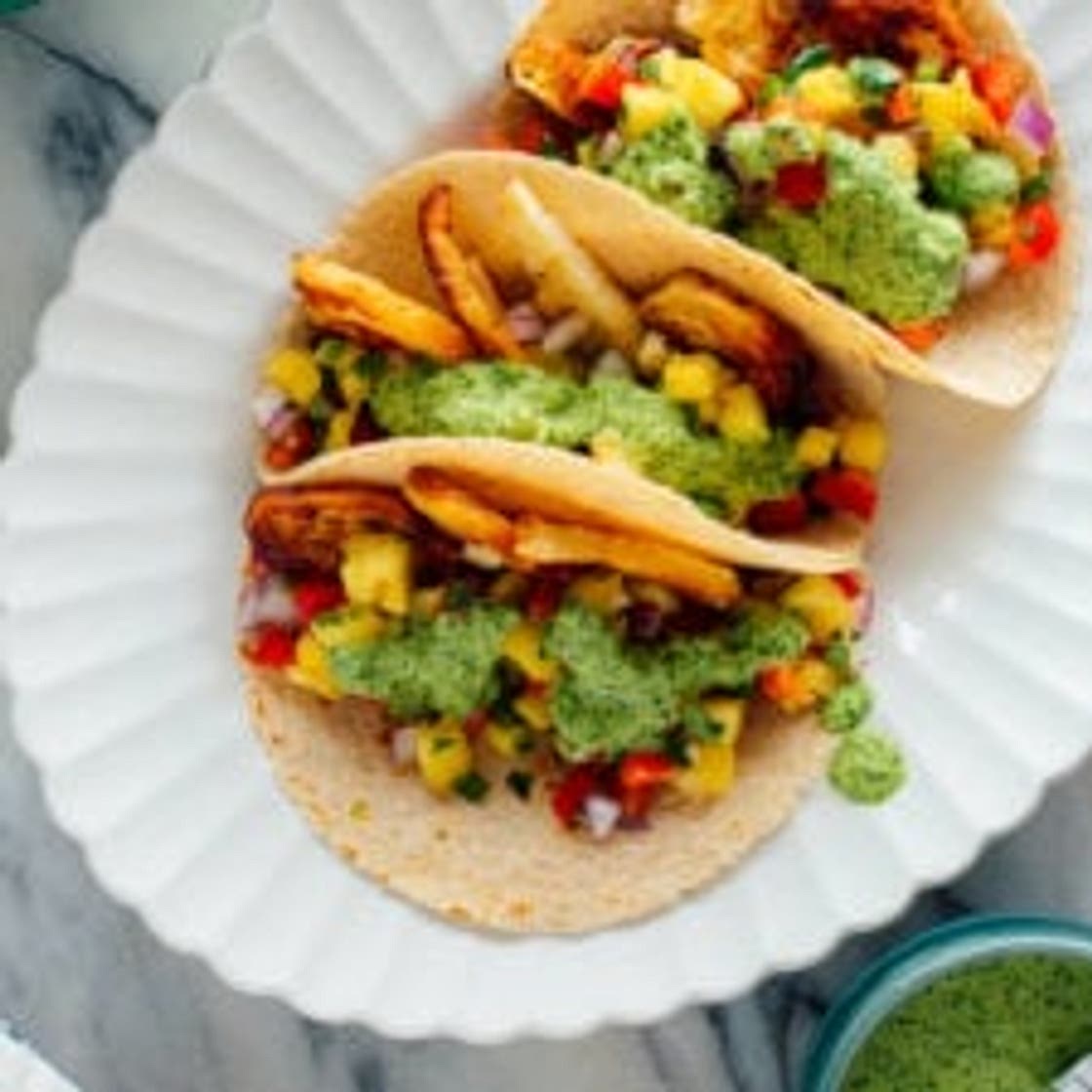 Halloumi Tacos with Pineapple Salsa & Aji Verde