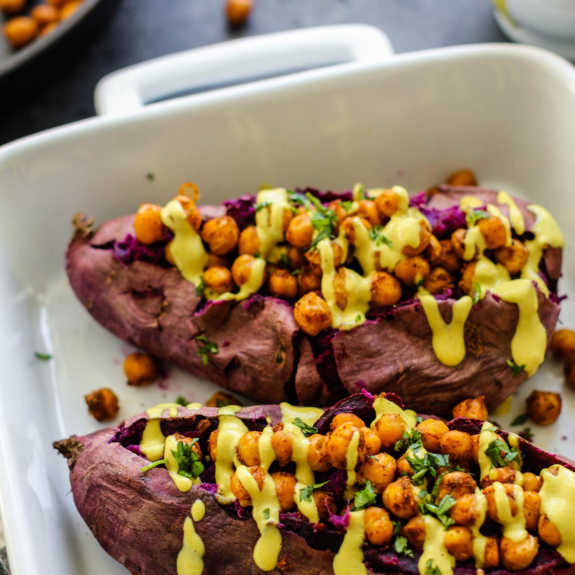 Stuffed Purple Sweet Potatoes with Turmeric Tahini