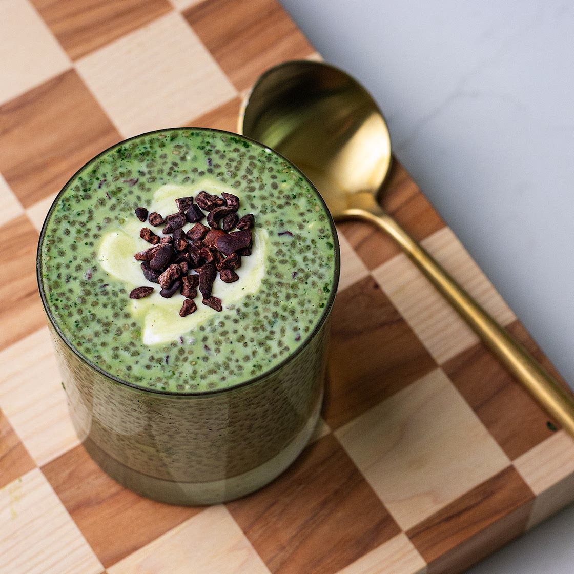 High Protein Mint Chocolate Chip Chia Pudding