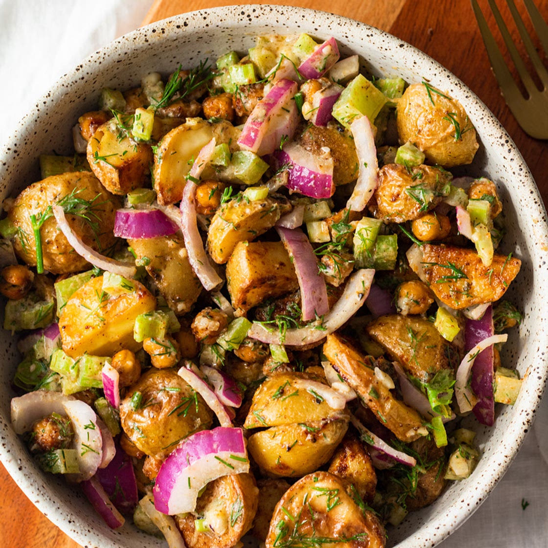 VEGAN ROASTED POTATO CHICKPEA SALAD WITH DILL (NO MAYO)