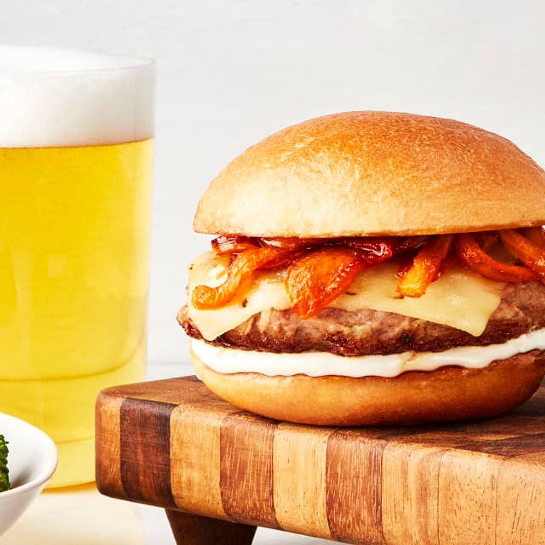 Gouda Pork Burgers with Caramelized Sriracha Onion & Smoky Roasted Broccoli