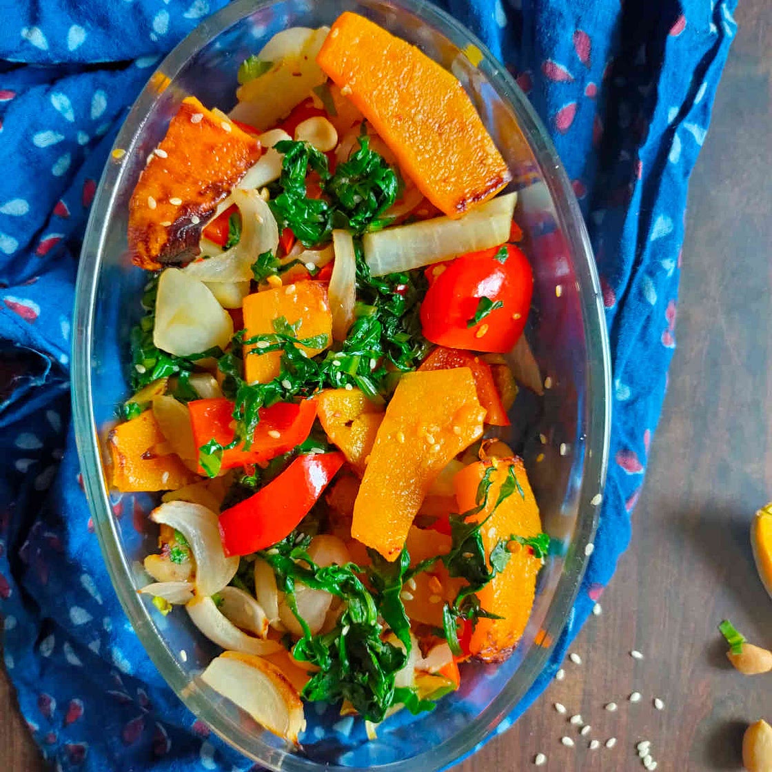 Roast Pumpkin Spinach Salad With Sesame- Fall Salad