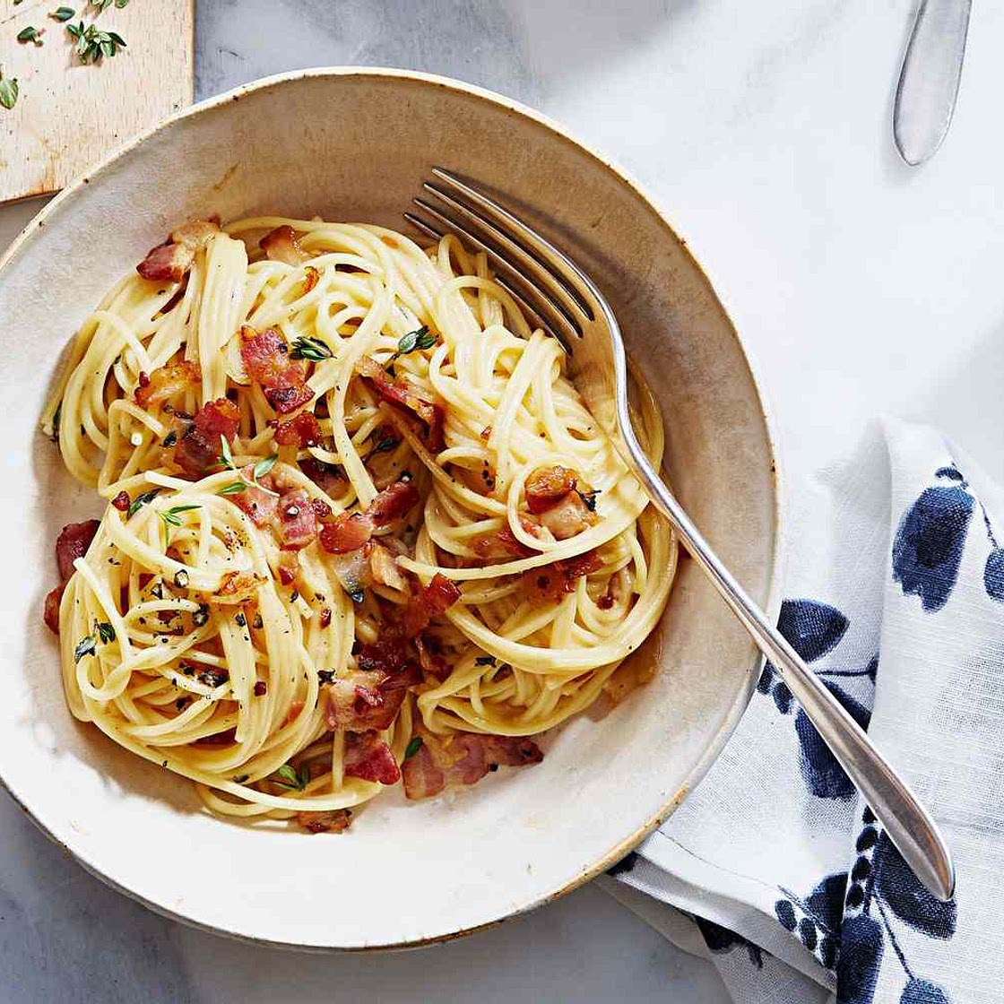 Bacon Pasta With Cheese Sauce and Thyme