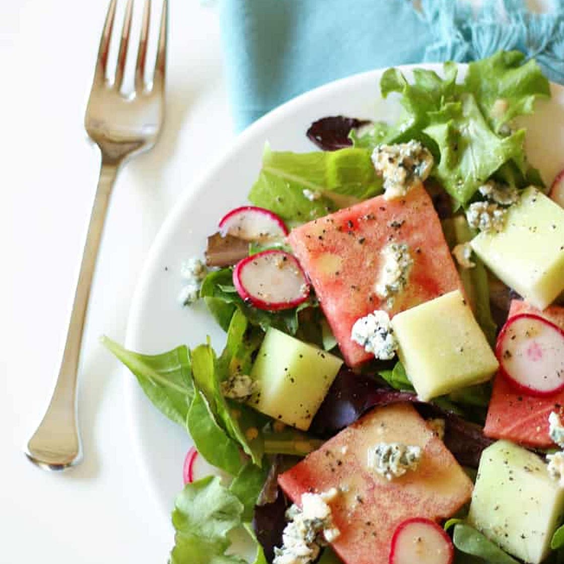 Watermelon Blue Cheese Salad with Creamy Lemon Balsamic Vinaigrette
