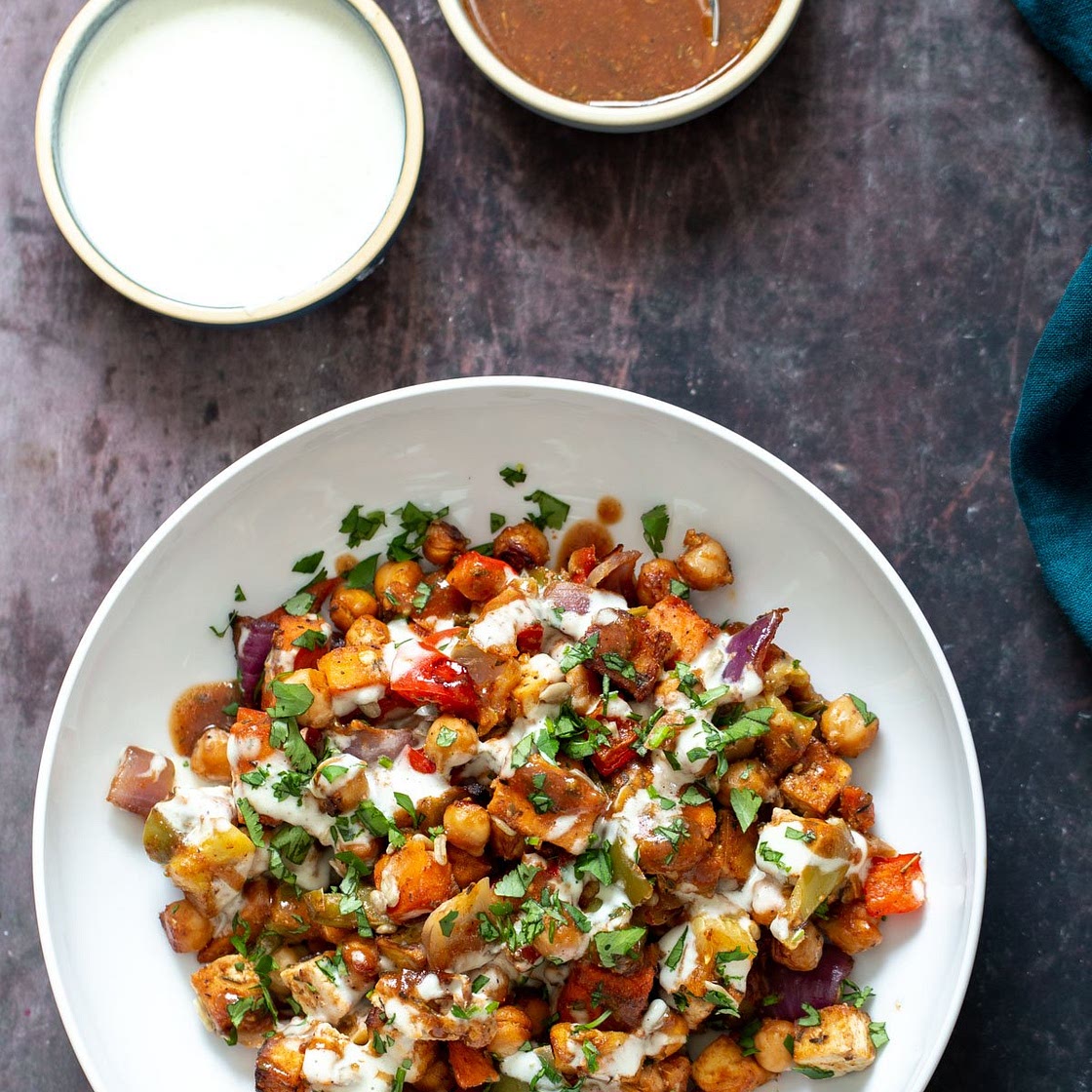 Sheet Pan Cheeseburger Veggie Dinner with Garlic Mayo Dressing