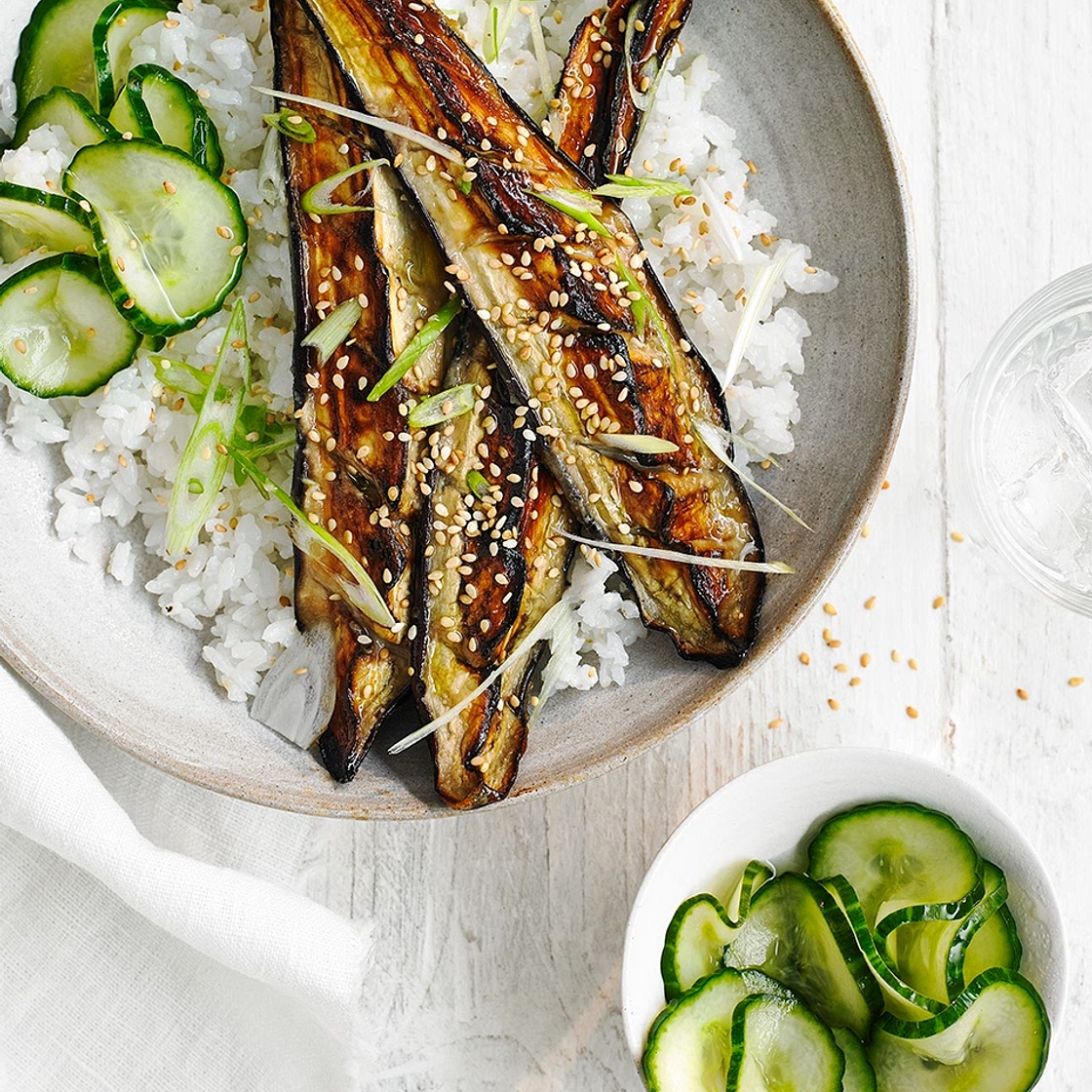 Miso-grilled aubergine & cucumber pickle rice bowl
