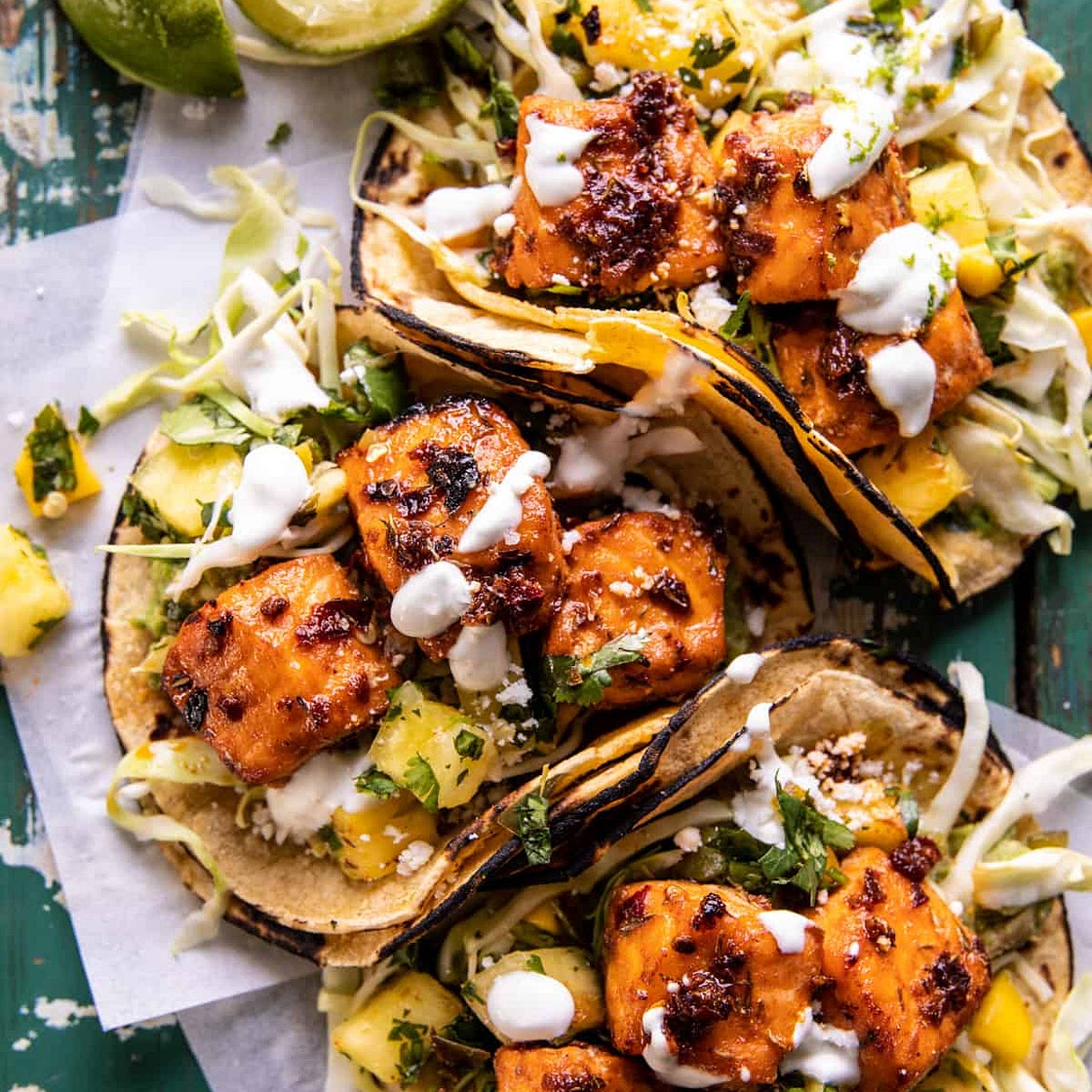 Sheet Pan Chipotle Salmon Tacos with Pineapple Jalapeño Salsa