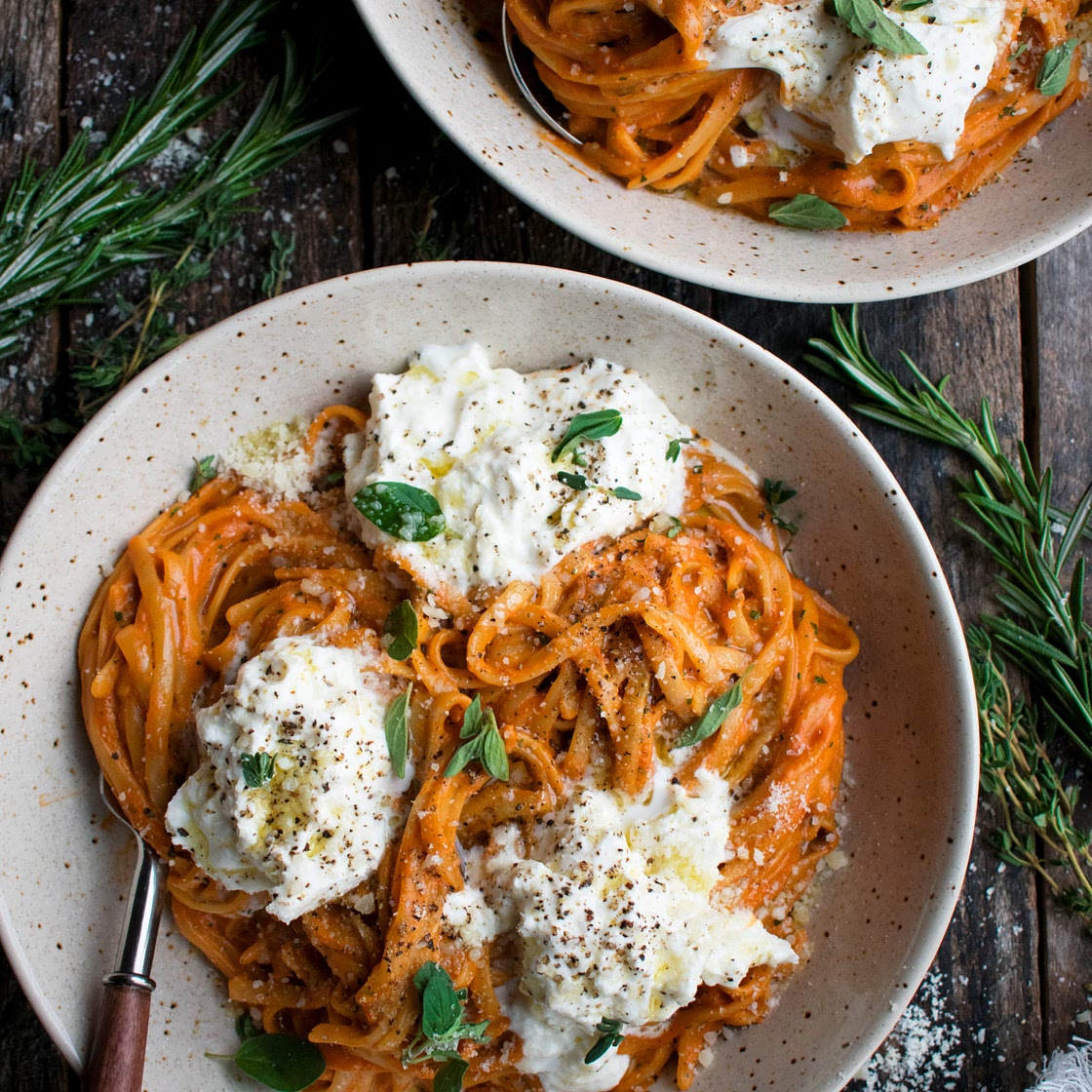 Creamy Red Pepper Pasta with Burrata & Herbs