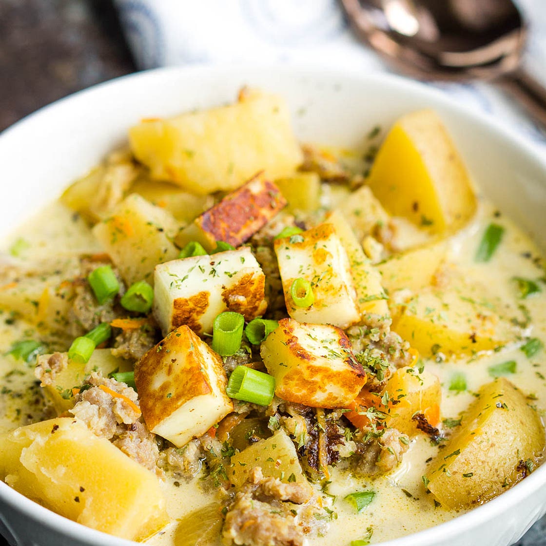 CREAMY SAUSAGE POTATO SOUP WITH TOASTED HALLOUMI