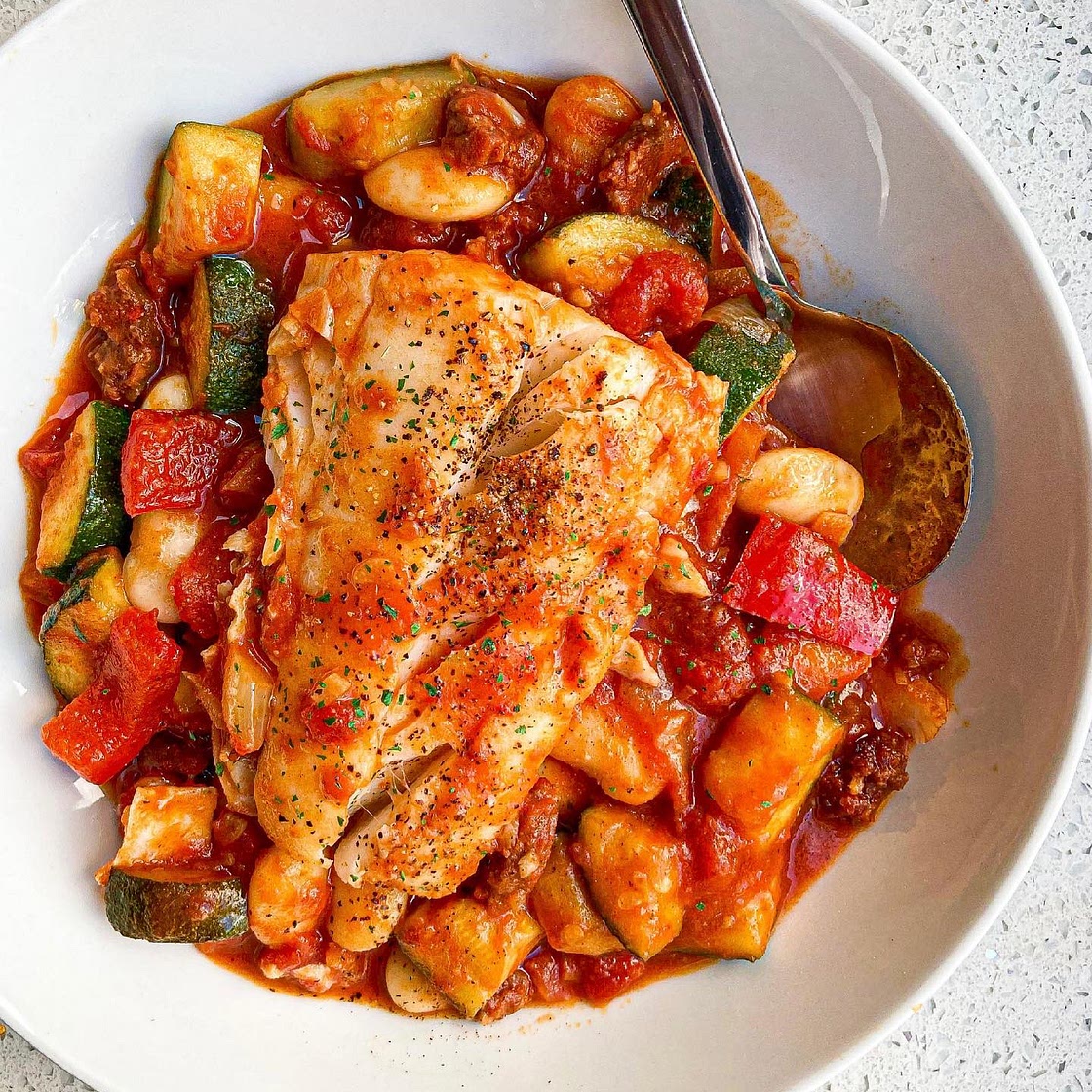Mediterranean Cod, Chorizo + Butter Bean Stew