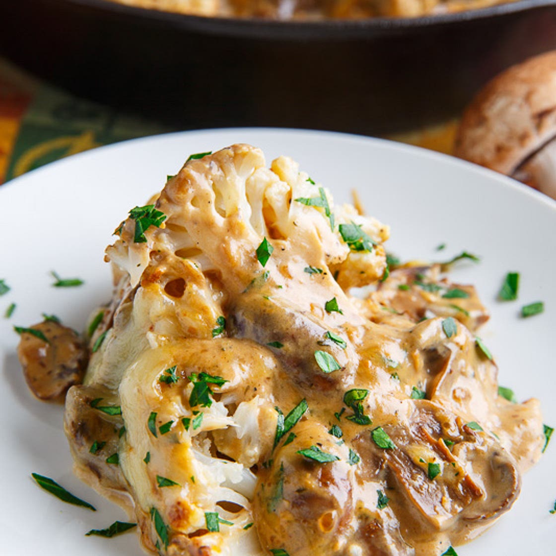 Roast Head of Cauliflower in Creamy Mushroom Sauce
