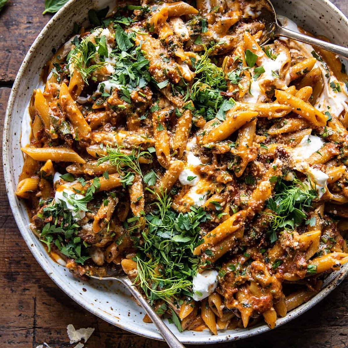 One Pot Sun-Dried Tomato Pasta with Whipped Ricotta