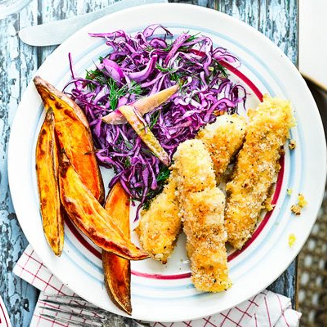 Crispy cod fingers with wedges & dill slaw