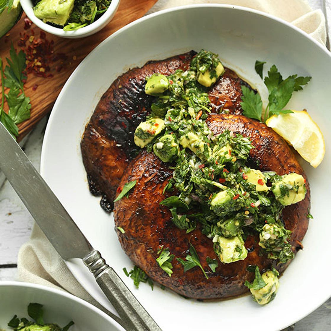 Portobello Steaks with Avocado Chimichurri