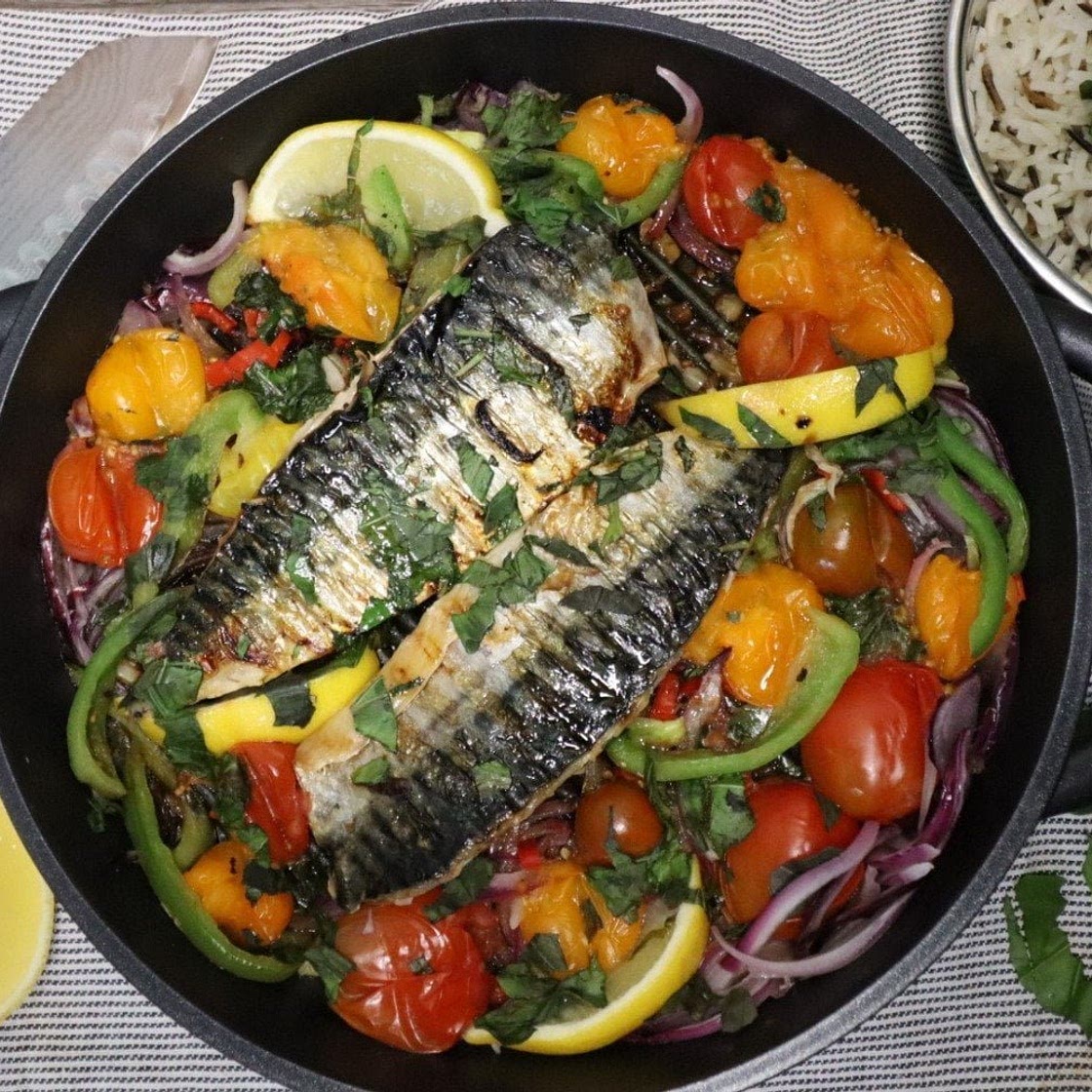 Skillet of Mackerel with Spicy Tomato Salad