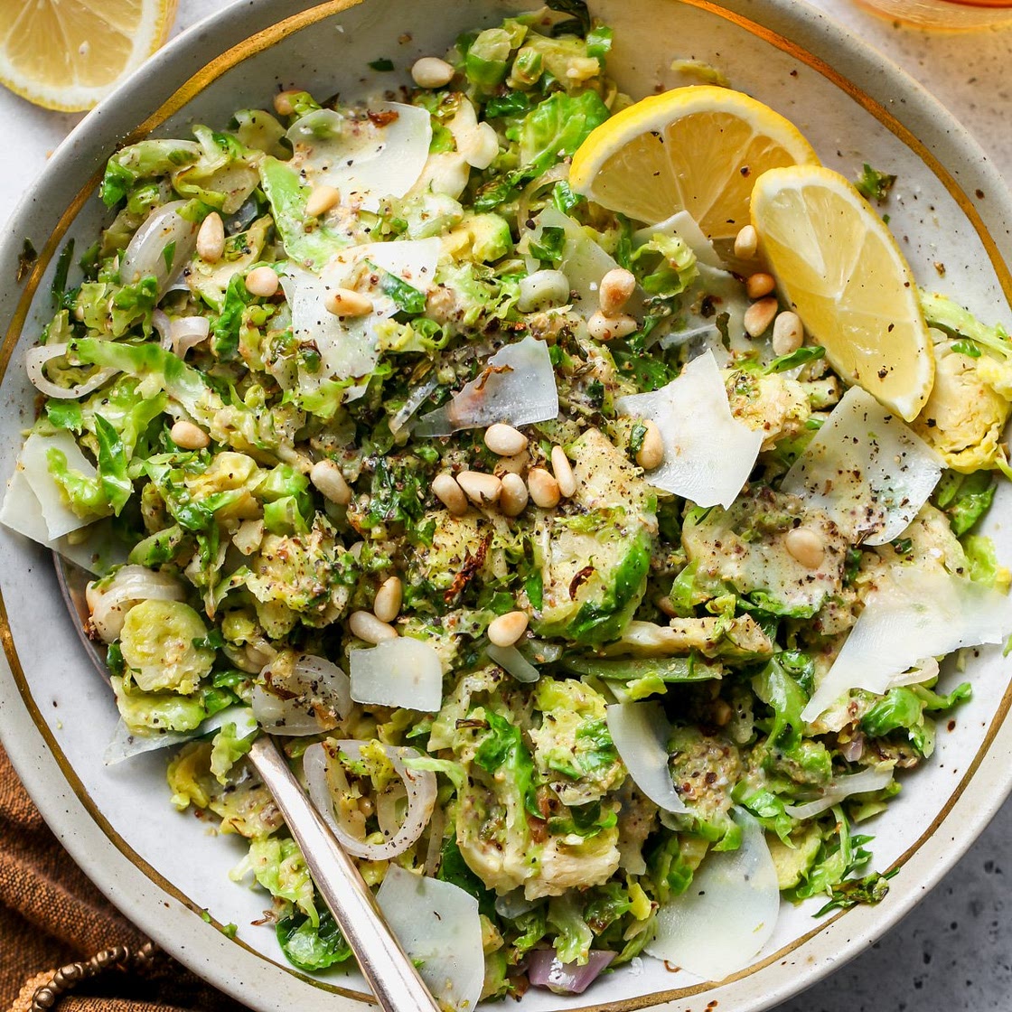 10-Minute Warm Brussels Salad with Whole-Grain Mustard Dressing