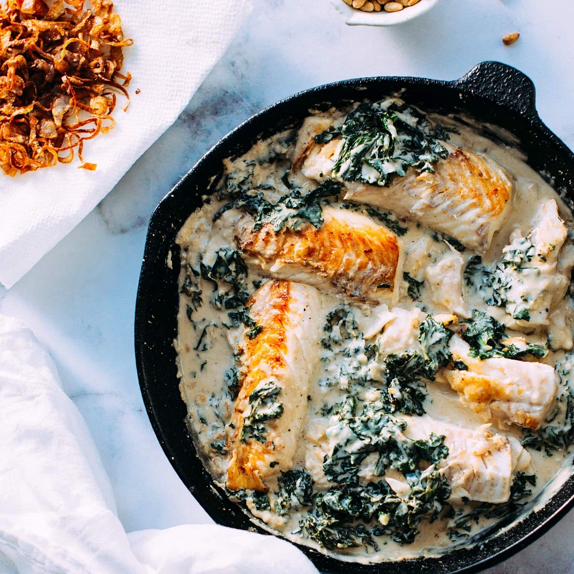 Fish and Kale in Tahini Sauce with crispy shallots