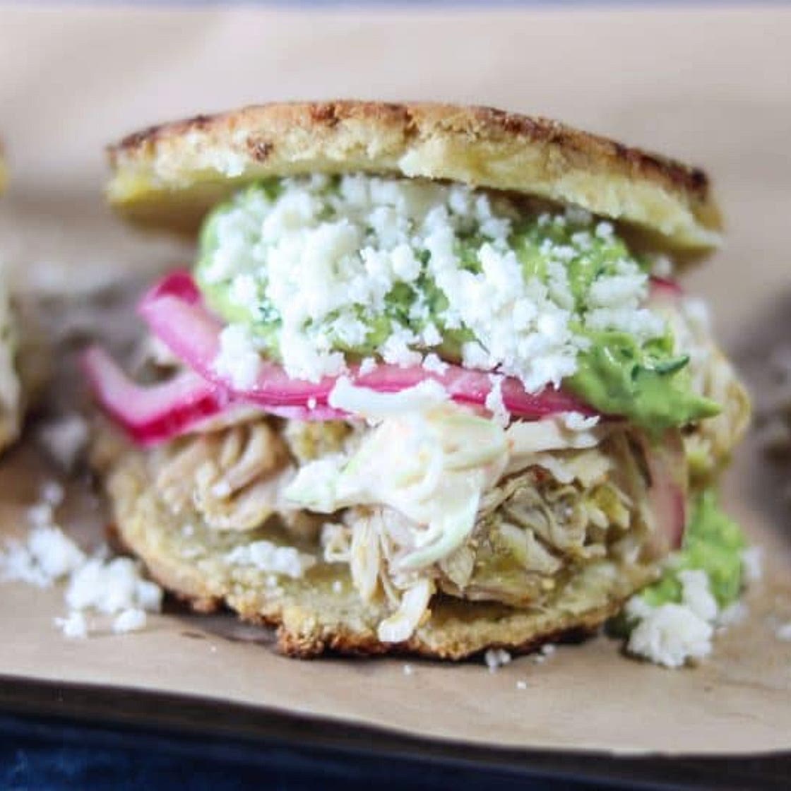 Arepas with Chile Verde Chicken & Guasacaca (Avocado Salsa)