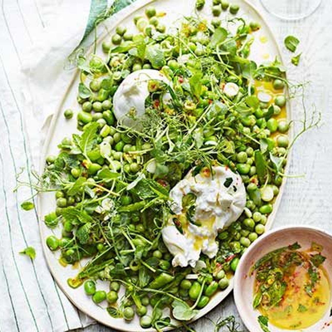 Pea & burrata salad with preserved lemon salsa