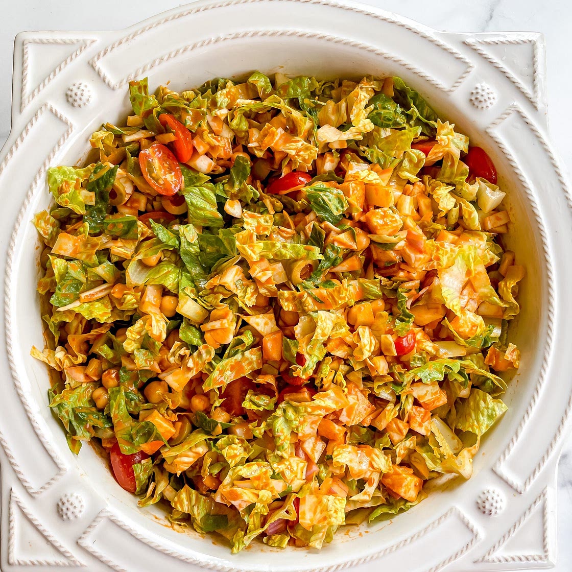 Mediterranean Chopped Salad with Roasted Red Pepper Dressing