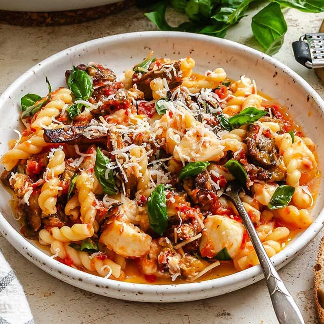 Roasted Eggplant Pasta with Tomatoes and Mozzarella