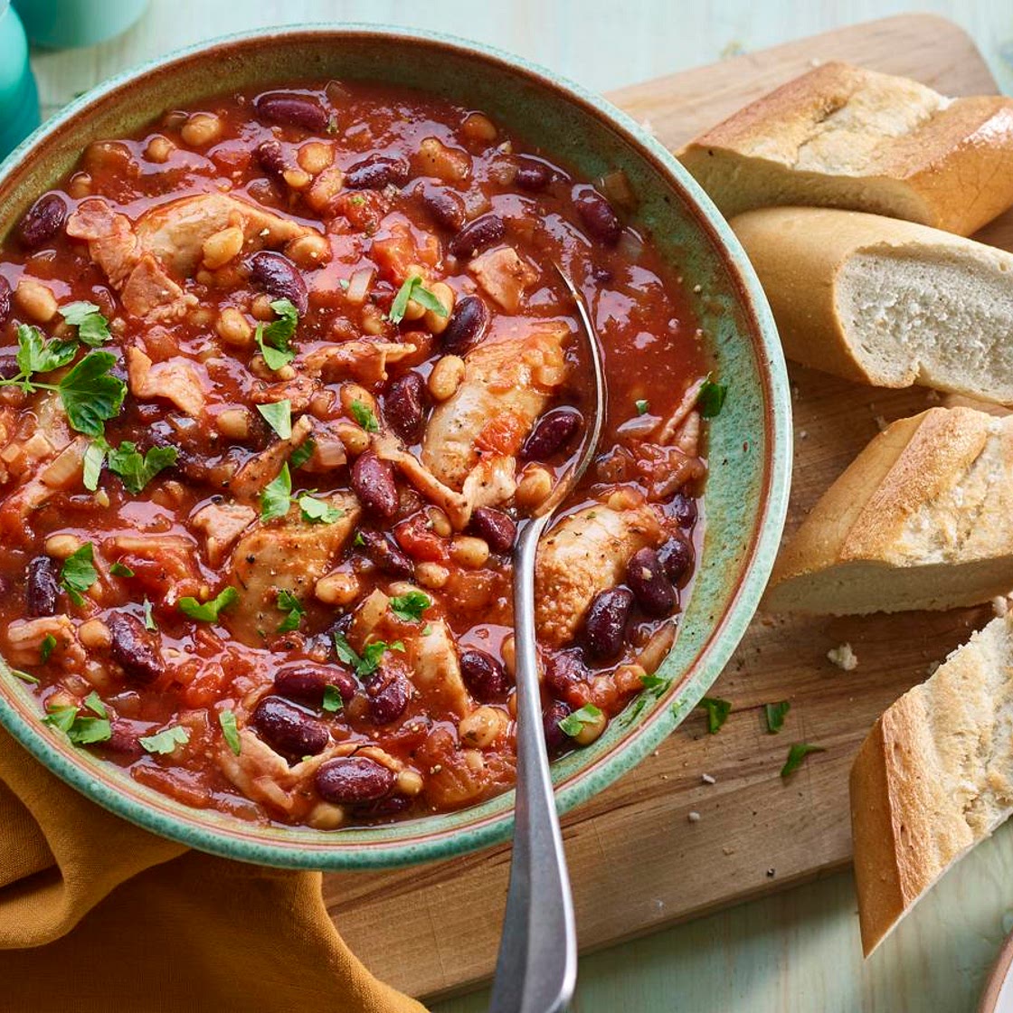 Microwave sausage and bean stew with crusty bread