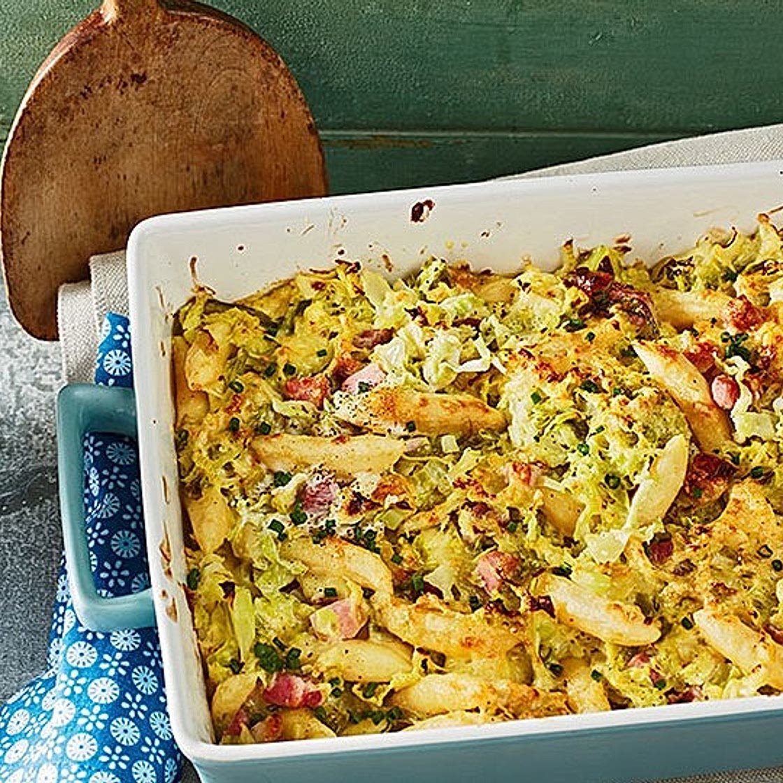 Schupfnudel-Wirsing-Gratin mit Kasseler