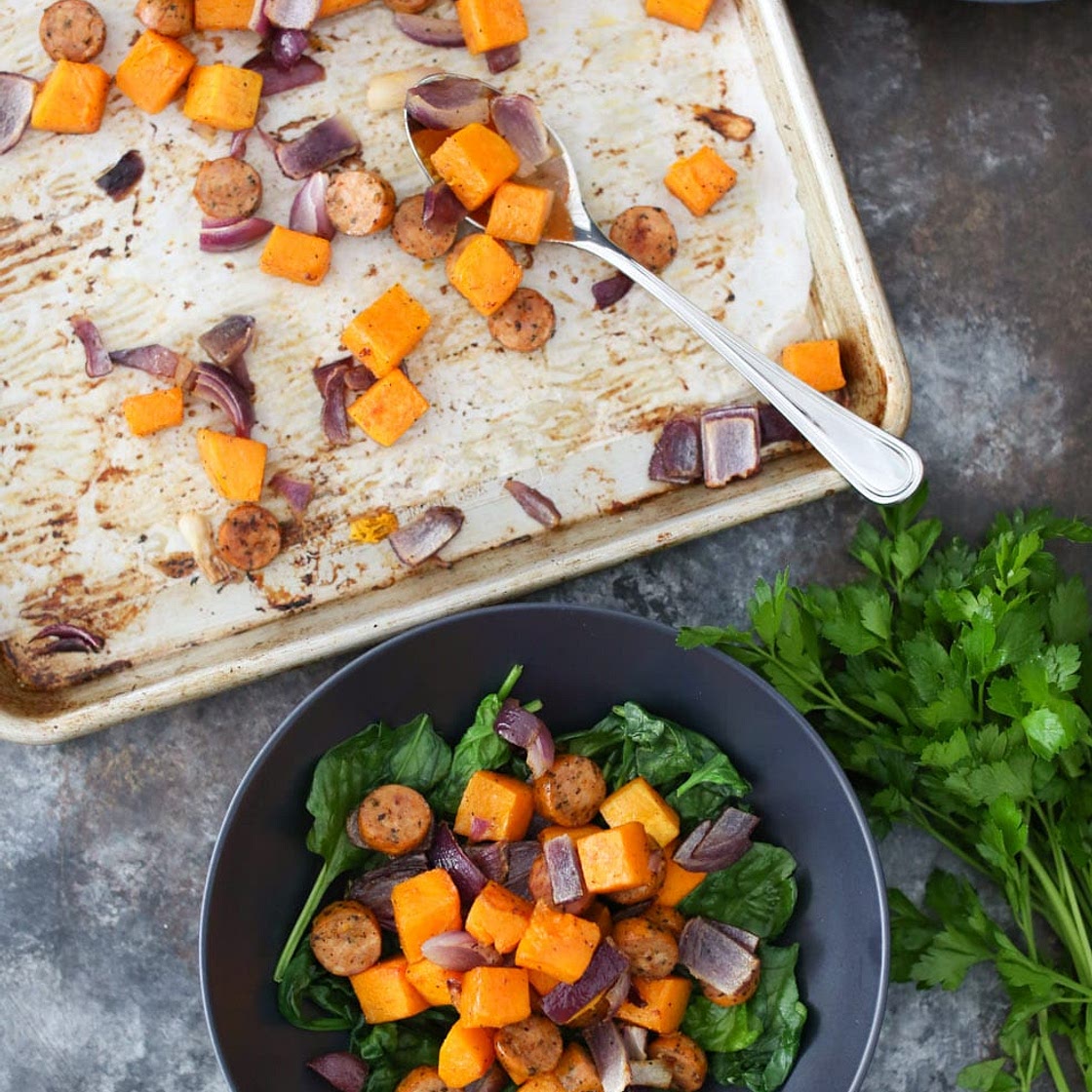 Fall Sheet Pan with Butternut Squash, Chicken Sausage, and Red Onion