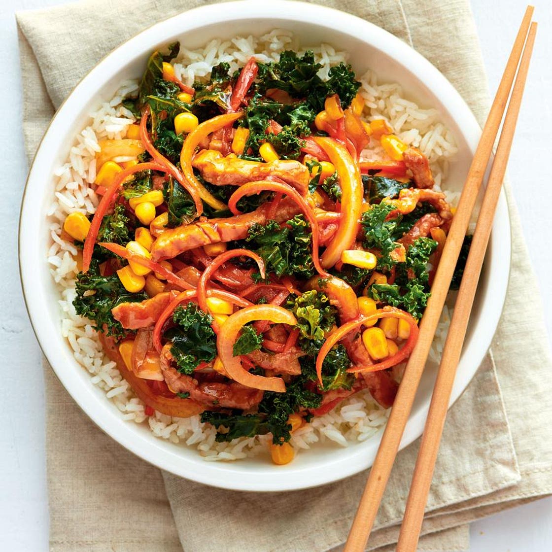 Pork Stir-Fry with Kale and Corn