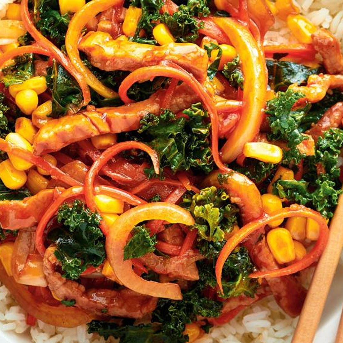 Pork Stir-Fry with Kale and Corn