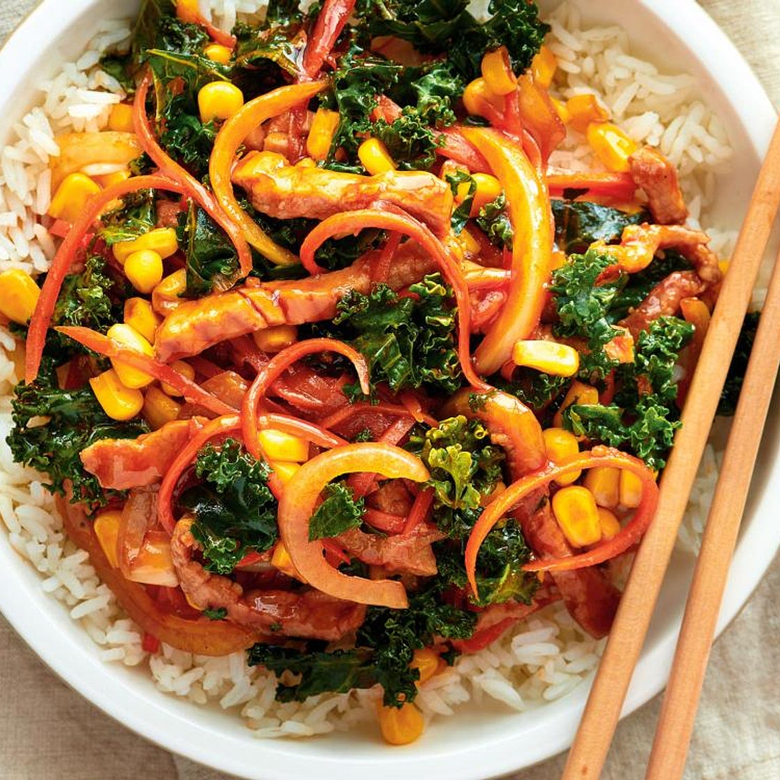 Pork Stir-Fry with Kale and Corn