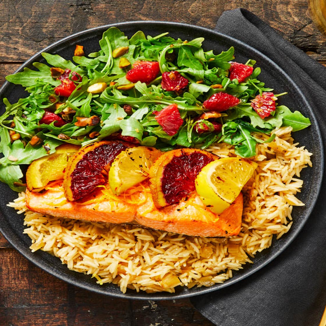 Slow-Roasted Citrus Trout with Chive Crème Fraîche, Rice Pilaf & Blood Orange Pistachio Salad