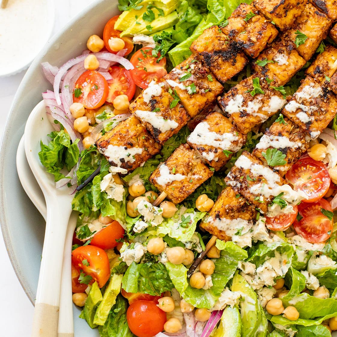 Grilled Tempeh Greek Salad with Creamy Vegan Greek Dressing