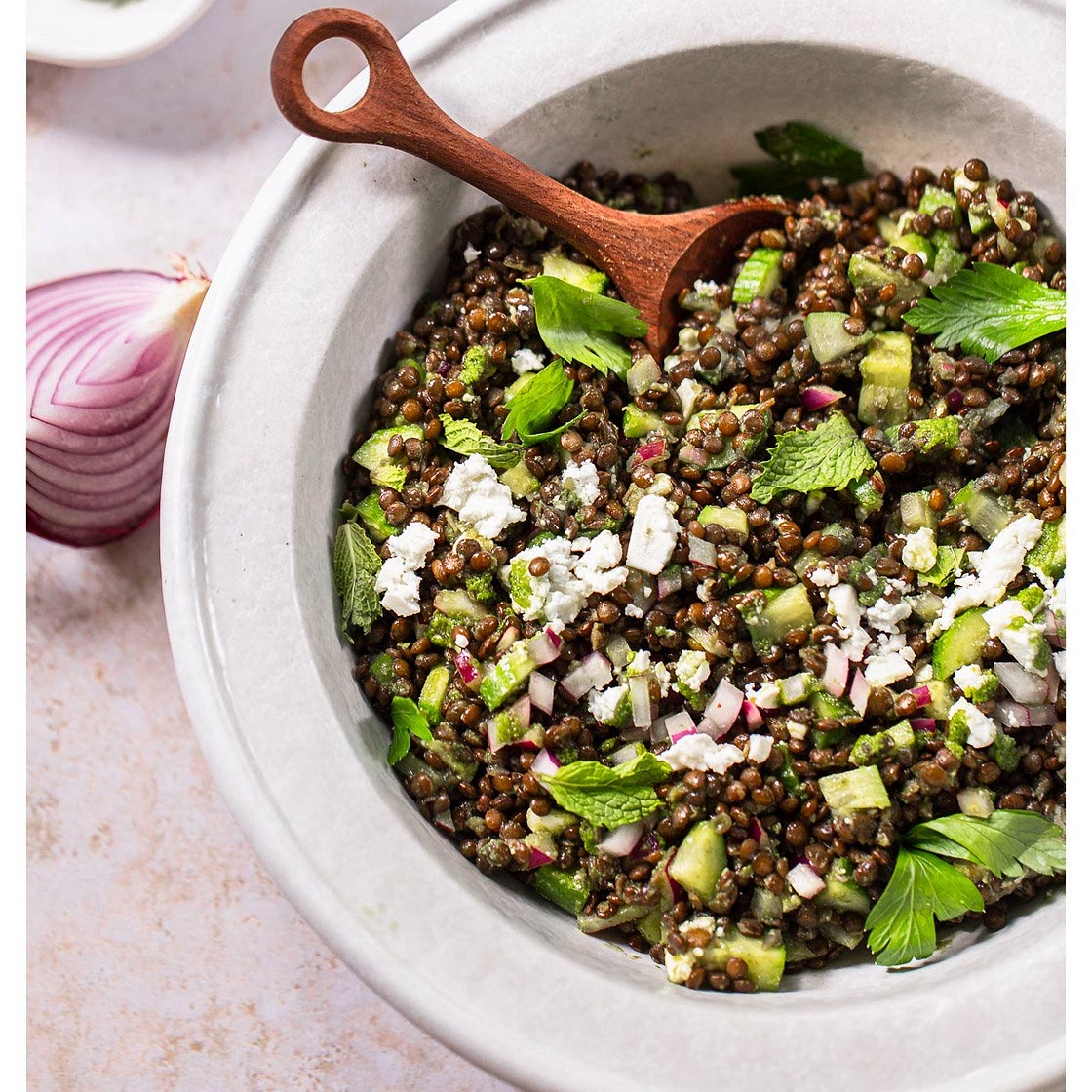 Spicy Black Lentils with Feta and Green Sauce